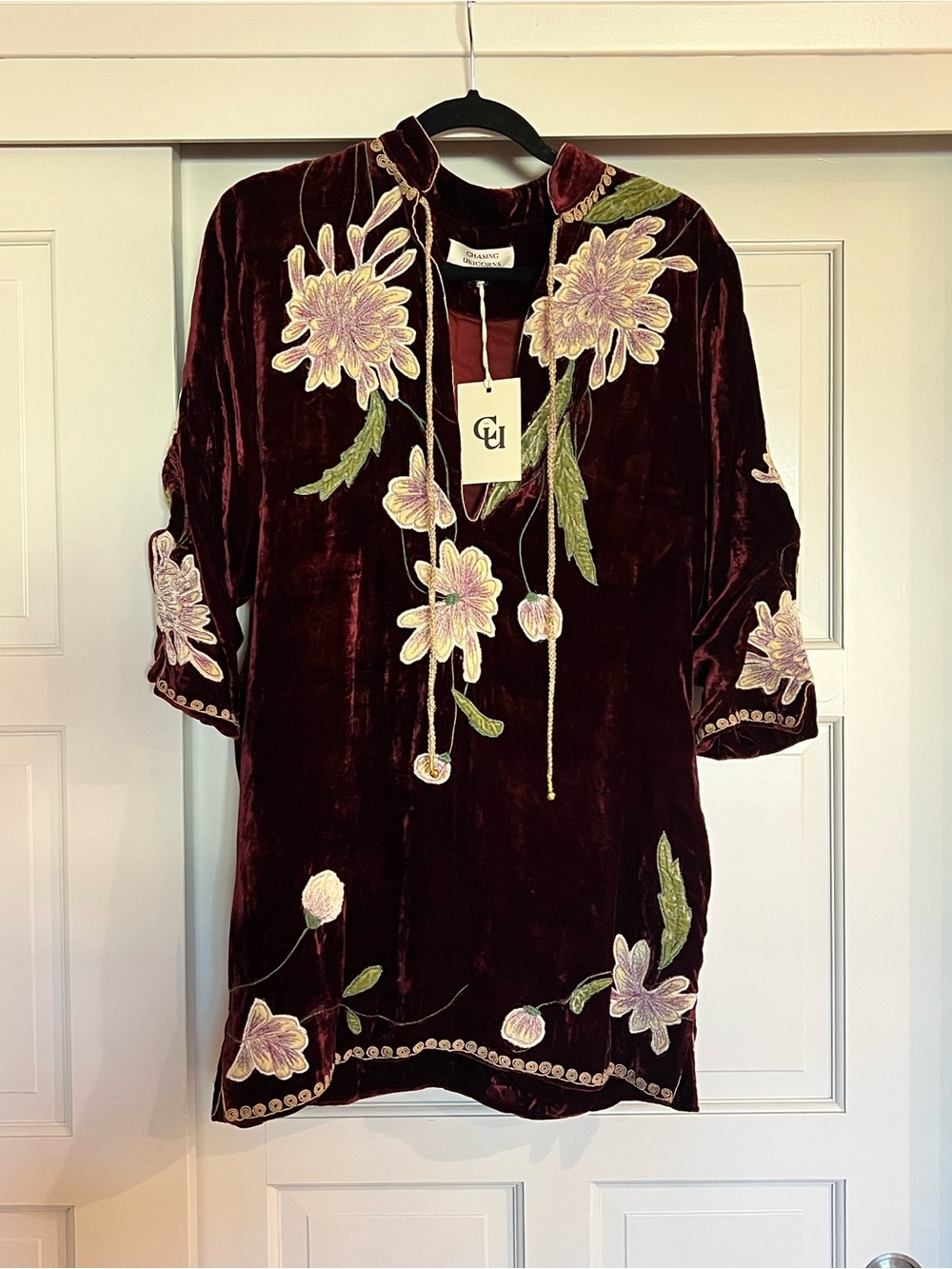 Chasing Unicorns Burgundy Velvet Tunic with Floral Embroidery